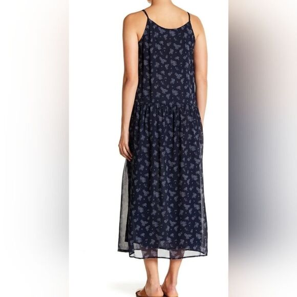 VINCE SP Coastal Navy Blue Calico Floral Print 100%SILK Cami Slip Midi Dress - Picture 8 of 13
